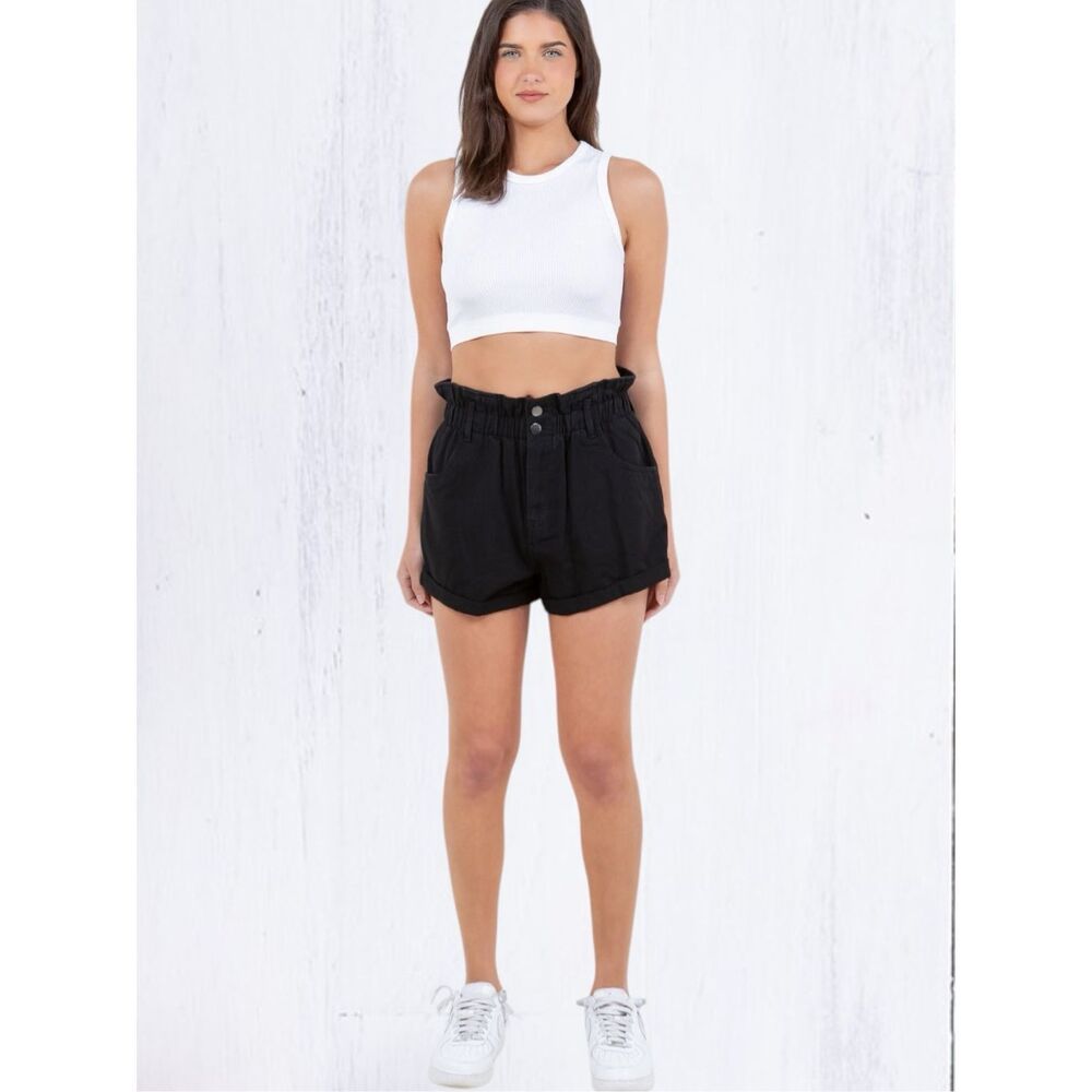 American Bazi Black High Rise Paper Bag Shorts Size Large NWT - Picture 5 of 9
